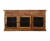 Indian Wooden Buffet Cabinet Sideboard With Jali Doors & Drawers Natural